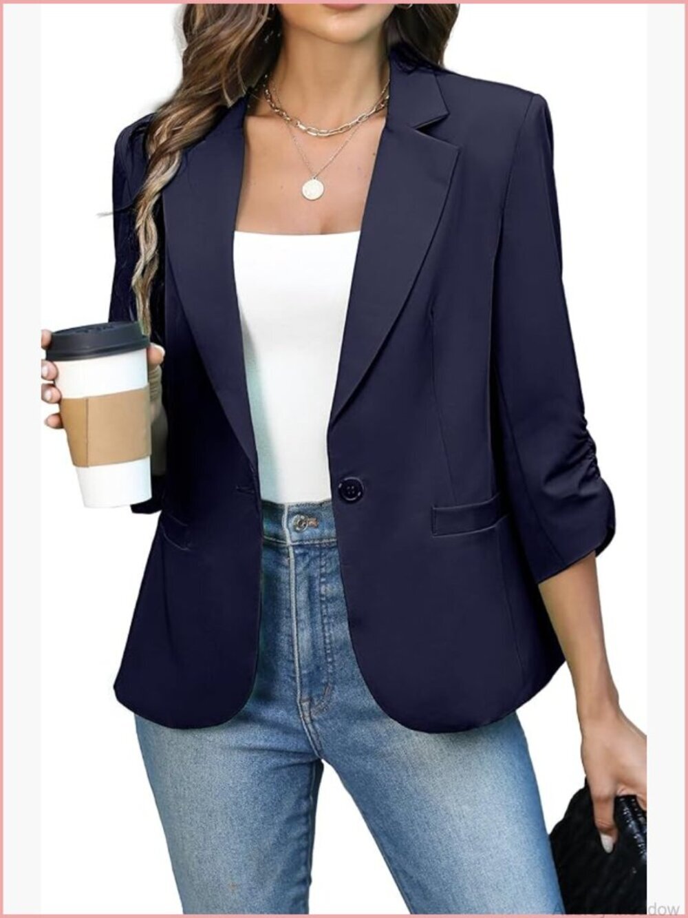 Ruched 3/4 Sleeve Blazer - Slim Fit Padded Shoulder Business Casual Jacket
